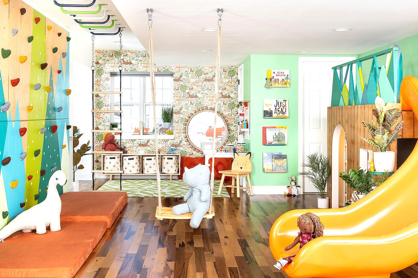 Nature-inspired toddler playroom with plants and natural decor