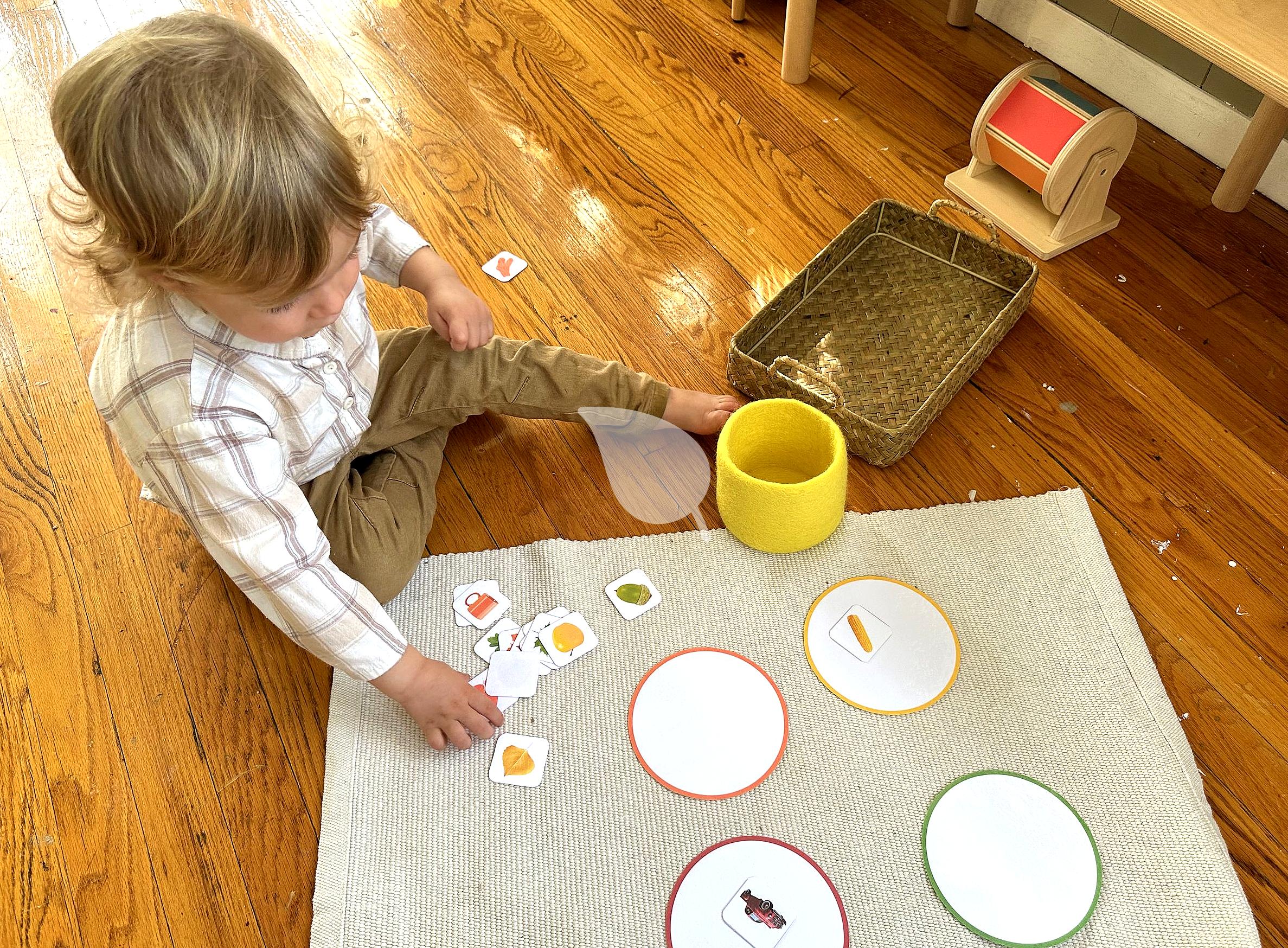 Montessori tray with colored beans and scoops